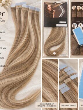 12pc Tape-In Human Hair Extensions 14" Ash Blonde Mix 18P613 Pre-Taped